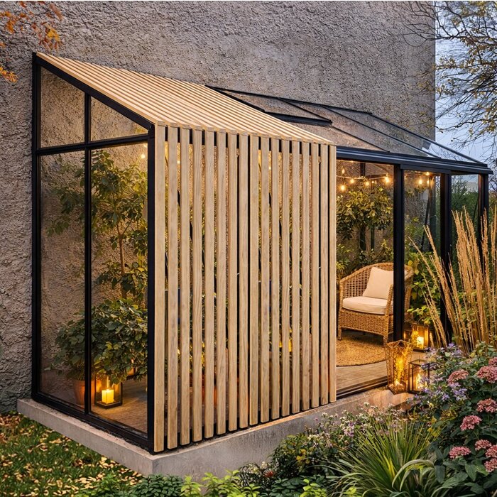 Limited Edition vægdrivhus i aluminium med Accoya-detaljer ved terrasse