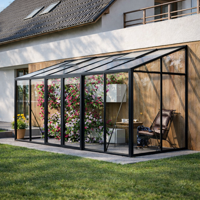Detaljeret visning af aluminium-vægdrivhus med transparente flader