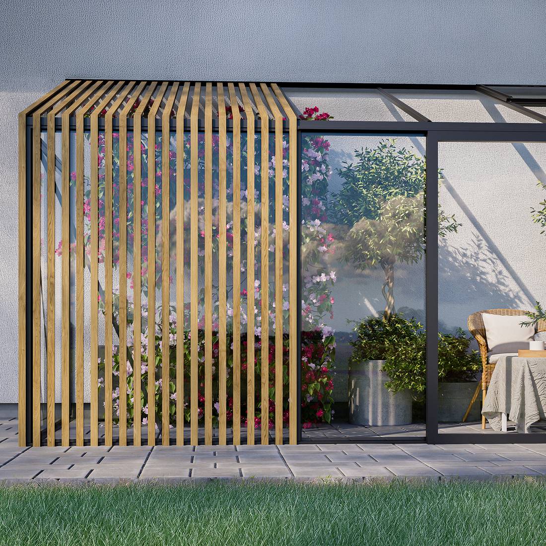 Vægmonteret drivhus med Accoya-detaljer ved eksisterende bygning