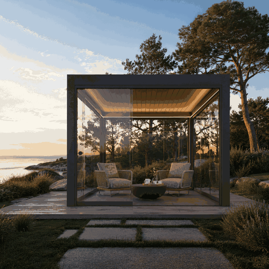 Vægmonteret pergola med integrerede tagrender og diskrete nedløb