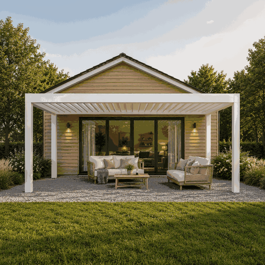 Moderne pergola med justerbart lameltag og skjult afvanding gennem stolperne