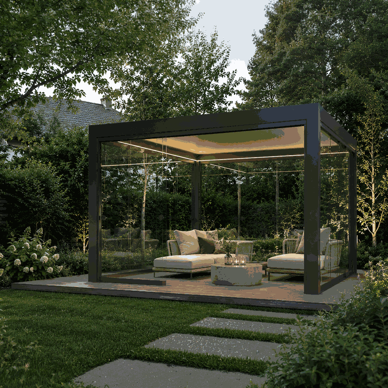 Fritstående aluminiumpergola på terrasse med planlagt afledning af regnvand