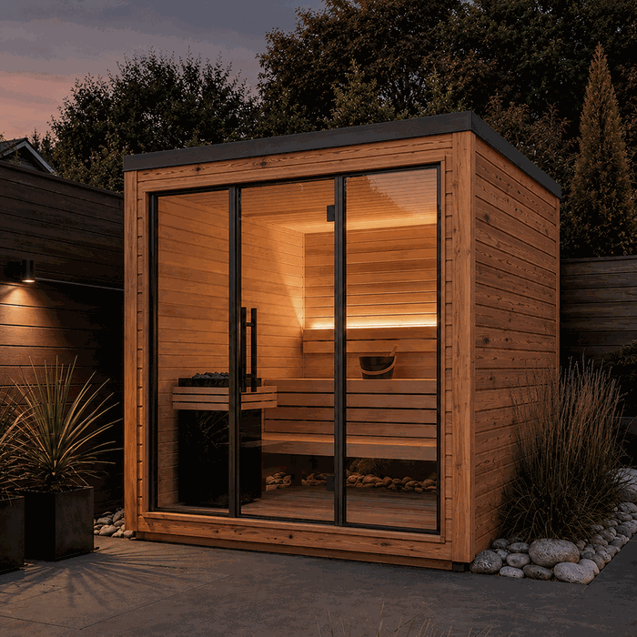 Elegant udendørs sauna i træ placeret som et eksklusivt uderum