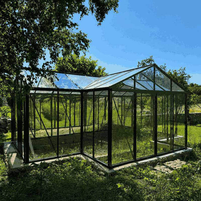 T-formet aluminiumdrivhus med glaspartier klar til indretning efter levering og montering