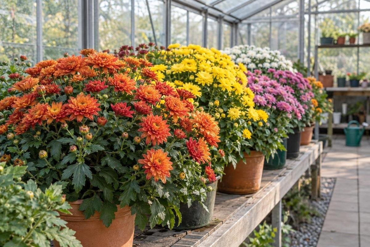 Krysantemum i drivhus: støtte, lys og blomstring