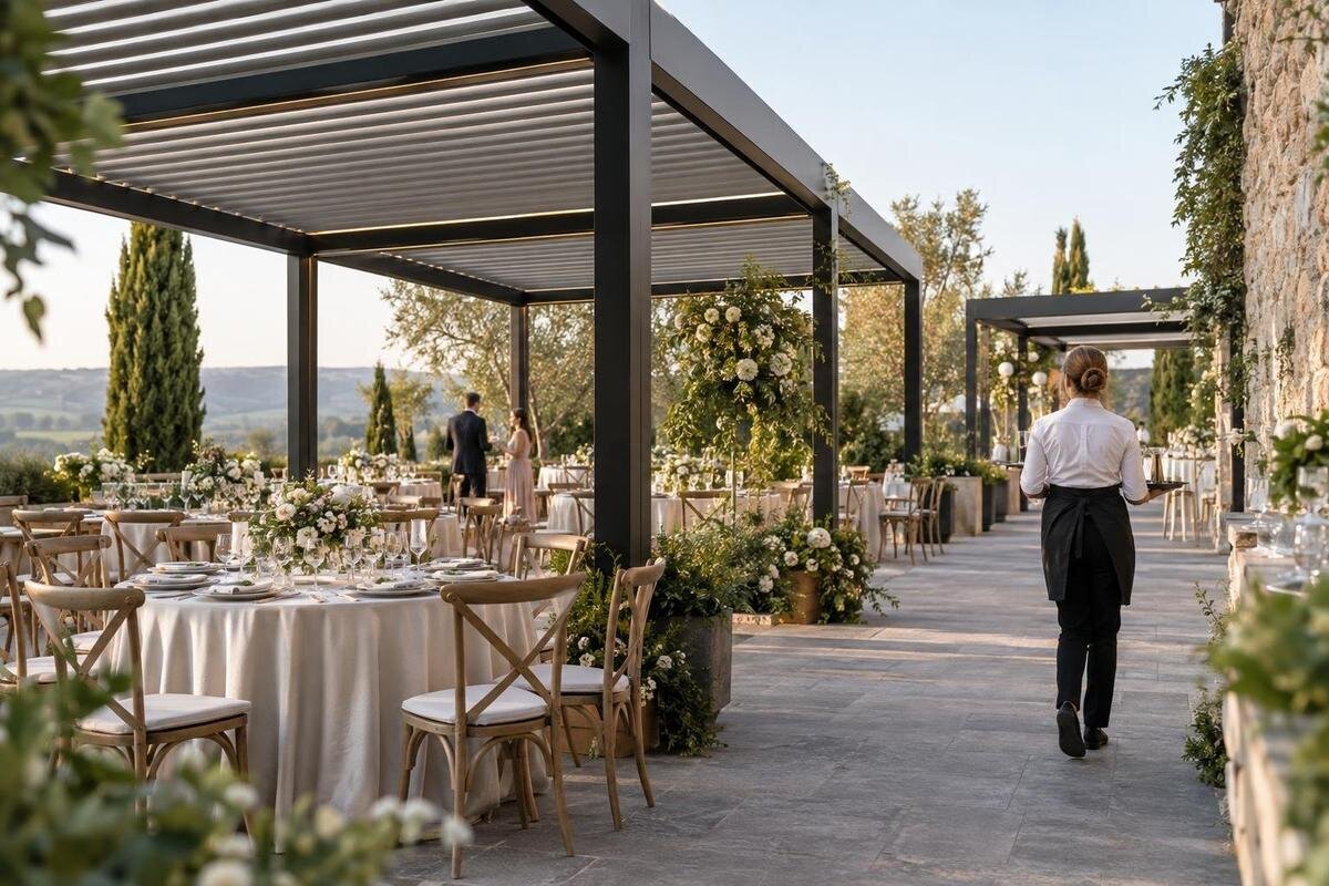 Pergola til bryllupslokaler: Planlæg plads, flow og servering