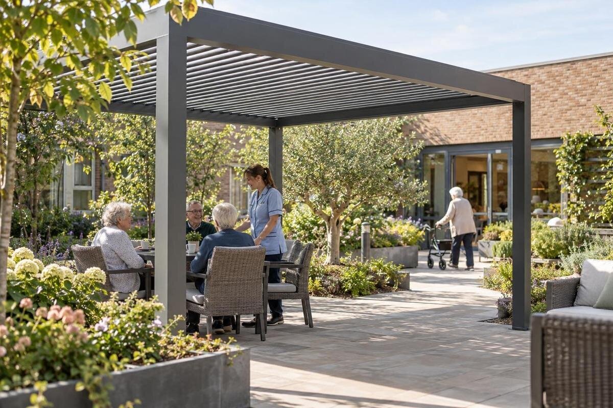 Planlæg en pergola til plejehjemmets gårdrum
