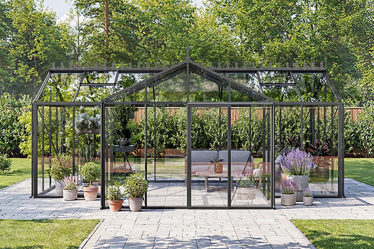 T‑model drivhus i aluminium – Elegant orangeri til helårsbrug i haven