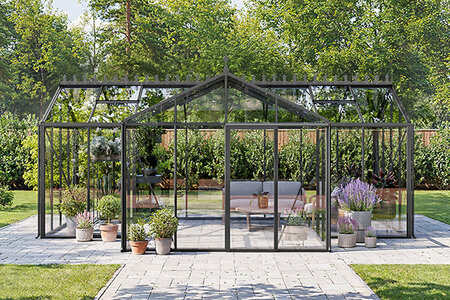 T‑model drivhus i aluminium – Elegant orangeri til helårsbrug i haven