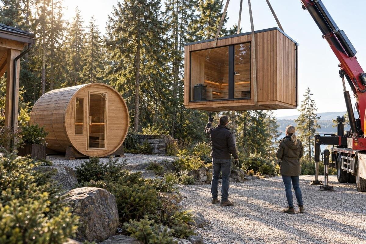 Køb af færdigmonteret sauna: levering og kranadgang