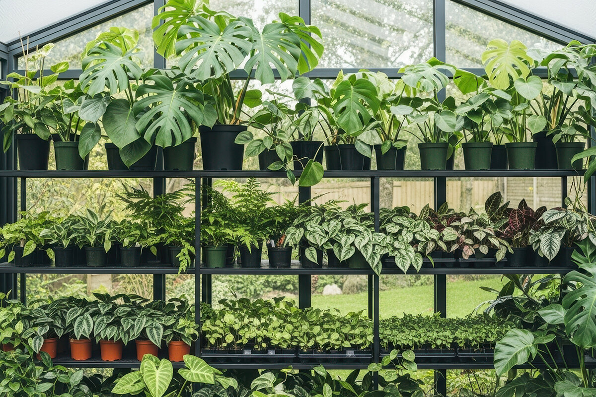 Stueplanter i drivhus om sommeren | Skygge + tagvinduer | Luxvinduer.dk
